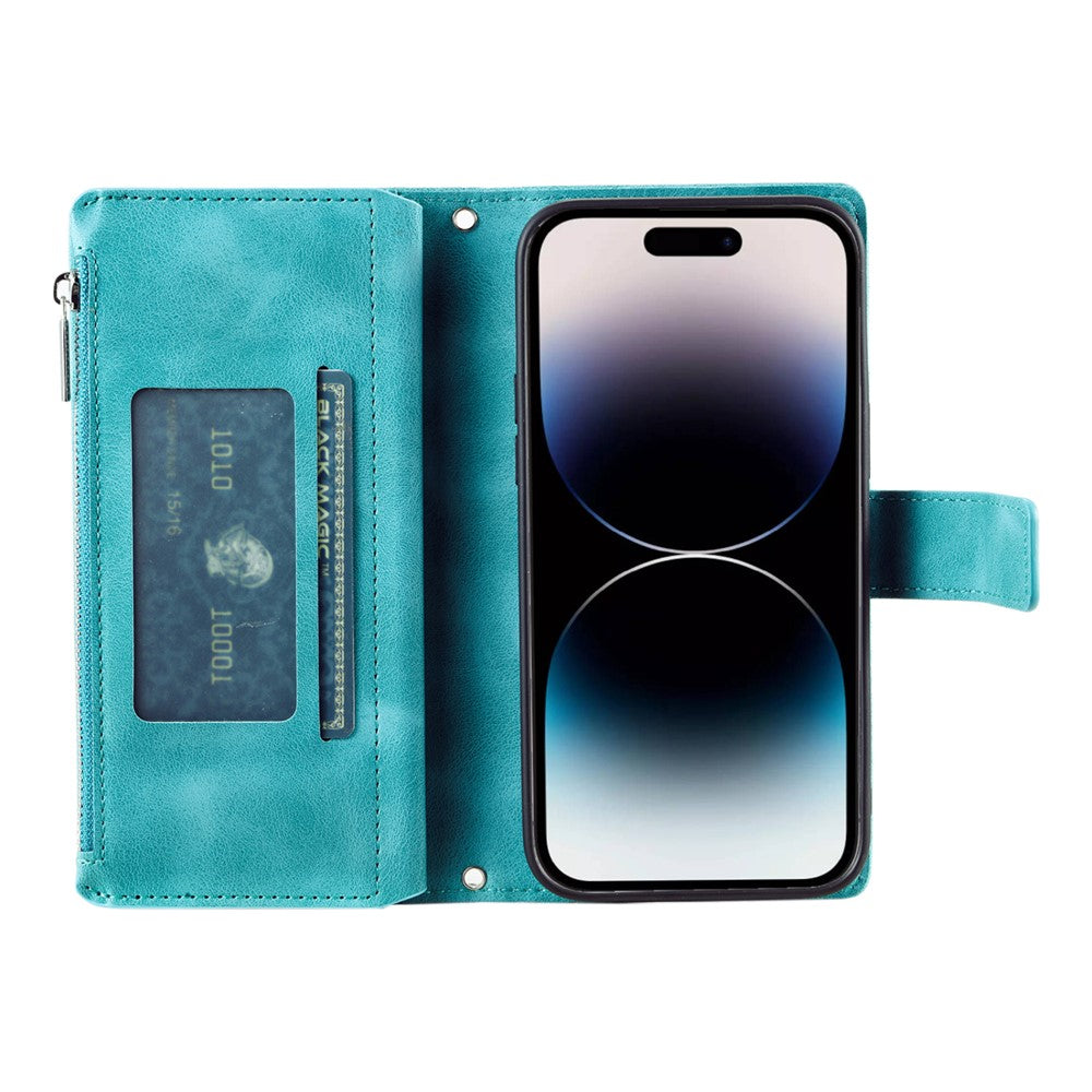 For iPhone 17 Pro Max Wallet Case Mandala Flower Pattern PU Leather Phone Cover with Wrist Strap - Mint Green