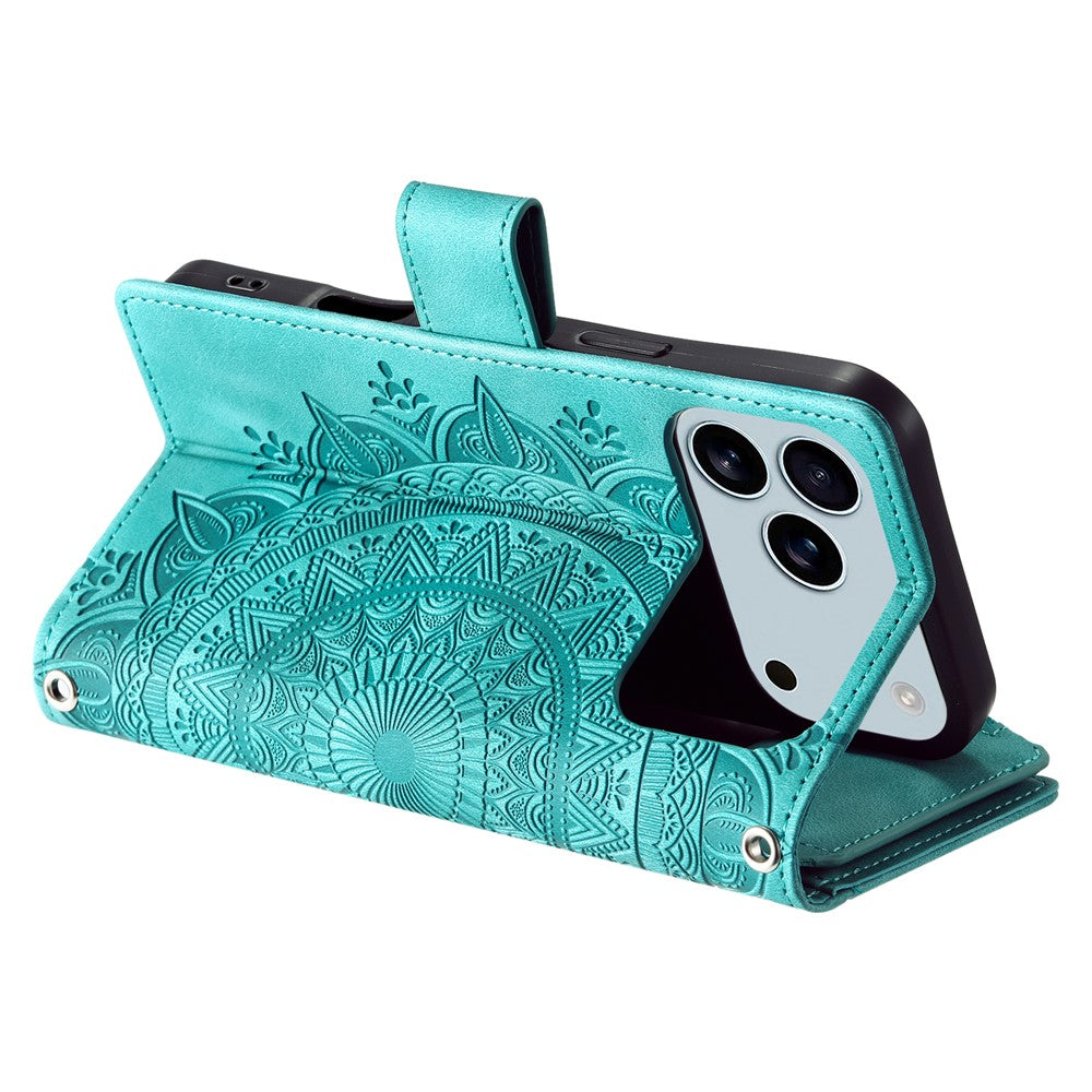 For iPhone 17 Pro Max Wallet Case Mandala Flower Pattern PU Leather Phone Cover with Wrist Strap - Mint Green