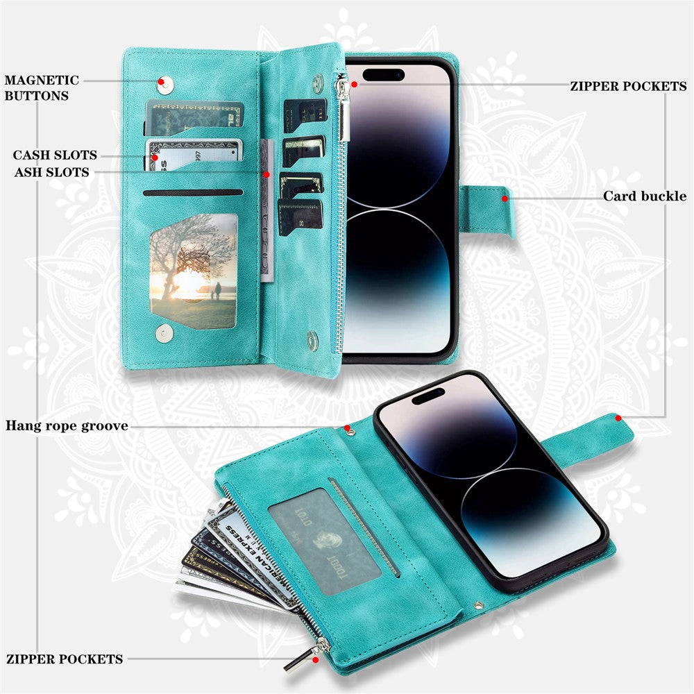For iPhone 17 Pro Max Wallet Case Mandala Flower Pattern PU Leather Phone Cover with Wrist Strap - Mint Green
