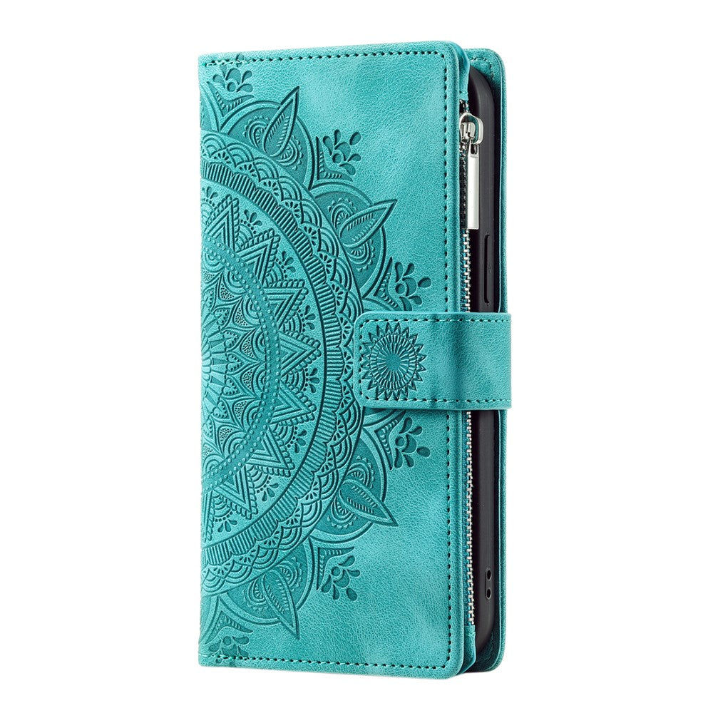 For iPhone 17 Pro Max Wallet Case Mandala Flower Pattern PU Leather Phone Cover with Wrist Strap - Mint Green