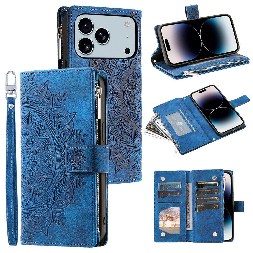 For iPhone 17 Pro Max Wallet Case Mandala Flower Pattern PU Leather Phone Cover with Wrist Strap - Blue