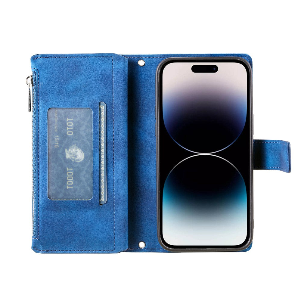 For iPhone 17 Pro Max Wallet Case Mandala Flower Pattern PU Leather Phone Cover with Wrist Strap - Blue
