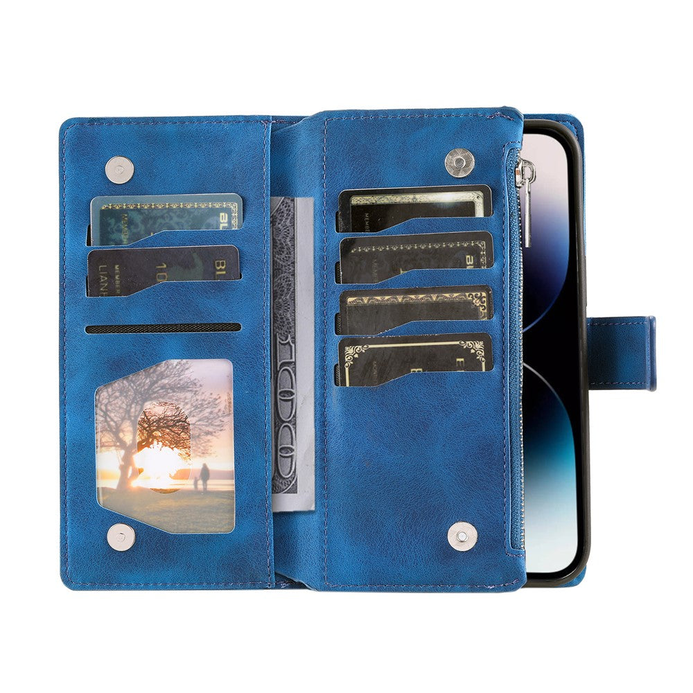 For iPhone 17 Pro Max Wallet Case Mandala Flower Pattern PU Leather Phone Cover with Wrist Strap - Blue