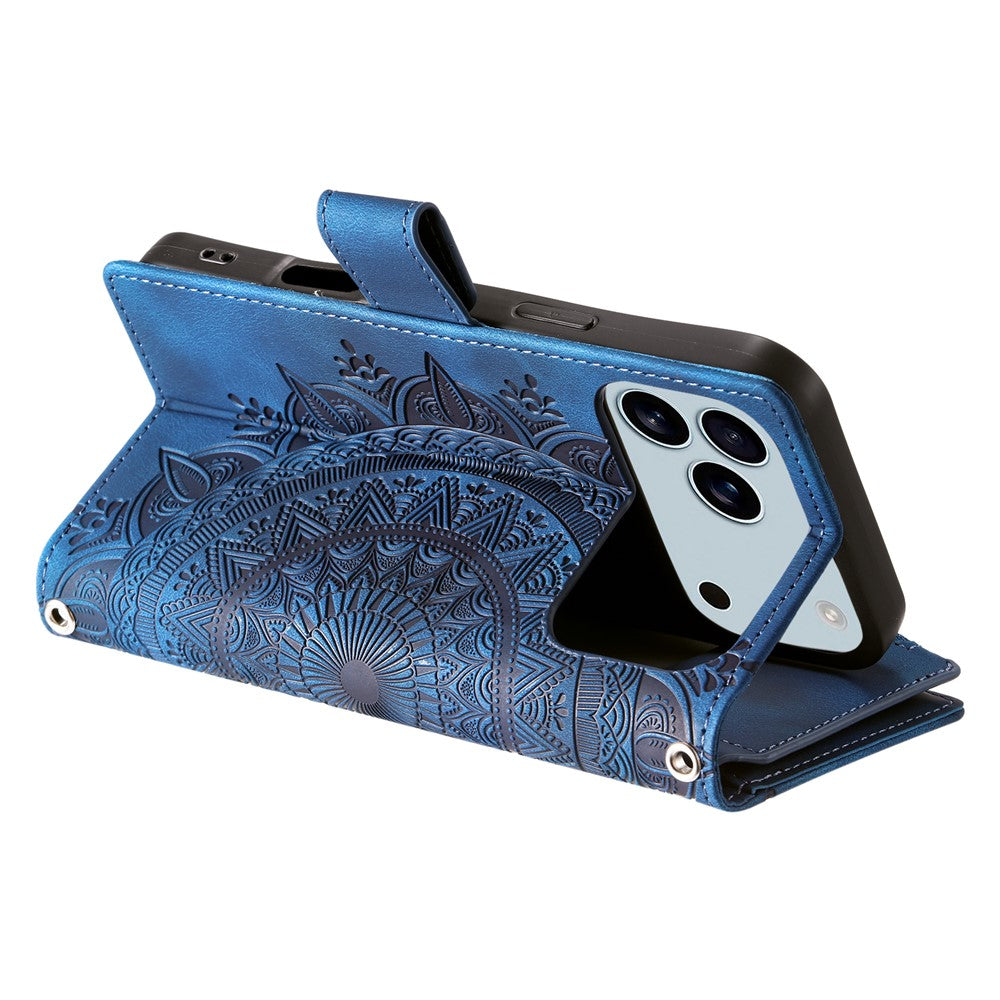 For iPhone 17 Pro Max Wallet Case Mandala Flower Pattern PU Leather Phone Cover with Wrist Strap - Blue