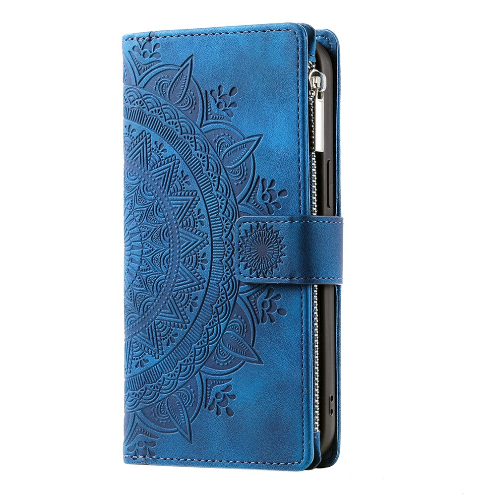 For iPhone 17 Pro Max Wallet Case Mandala Flower Pattern PU Leather Phone Cover with Wrist Strap - Blue