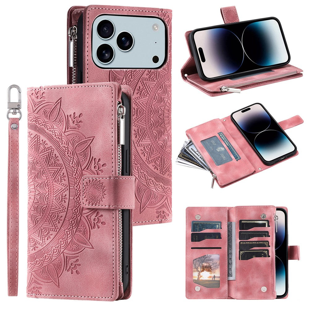 For iPhone 17 Pro Max Wallet Case Mandala Flower Pattern PU Leather Phone Cover with Wrist Strap - Rose Gold