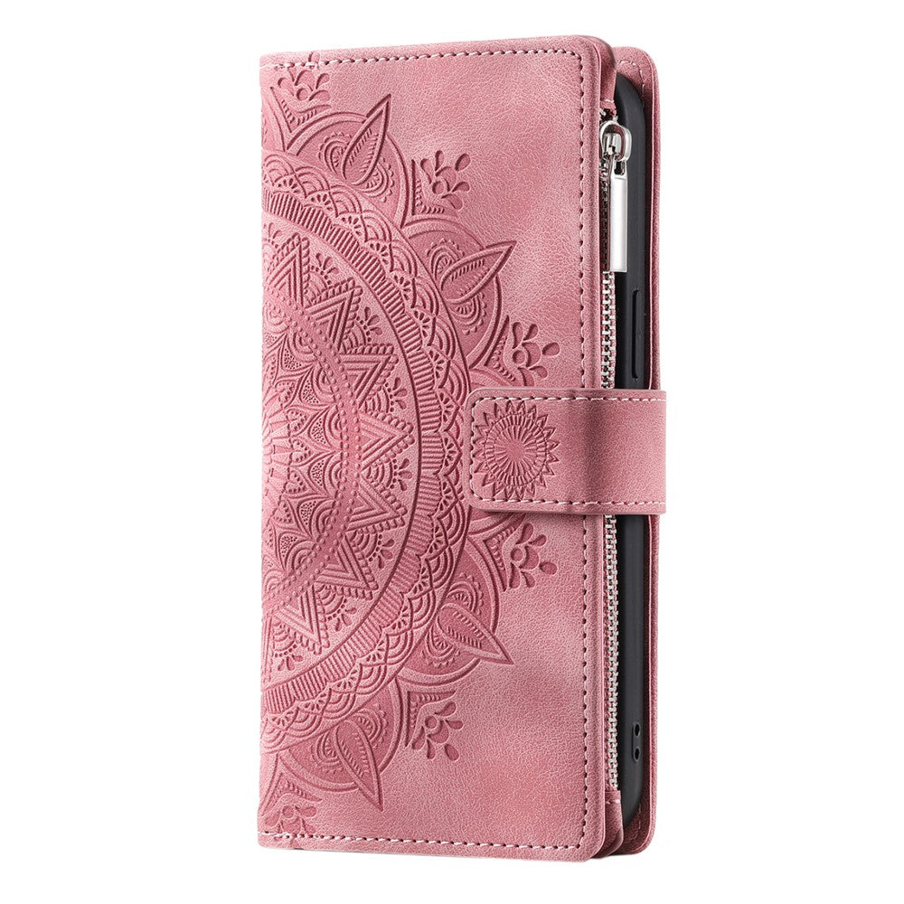 For iPhone 17 Pro Max Wallet Case Mandala Flower Pattern PU Leather Phone Cover with Wrist Strap - Rose Gold