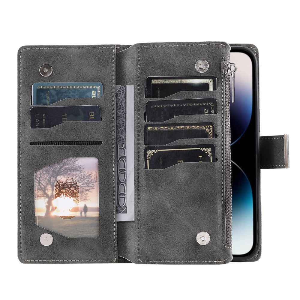 For iPhone 17 Pro Max Wallet Case Mandala Flower Pattern PU Leather Phone Cover with Wrist Strap - Grey