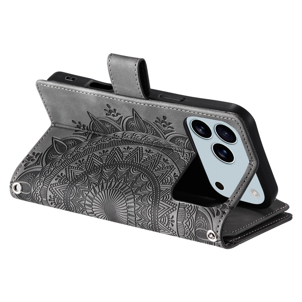 For iPhone 17 Pro Max Wallet Case Mandala Flower Pattern PU Leather Phone Cover with Wrist Strap - Grey