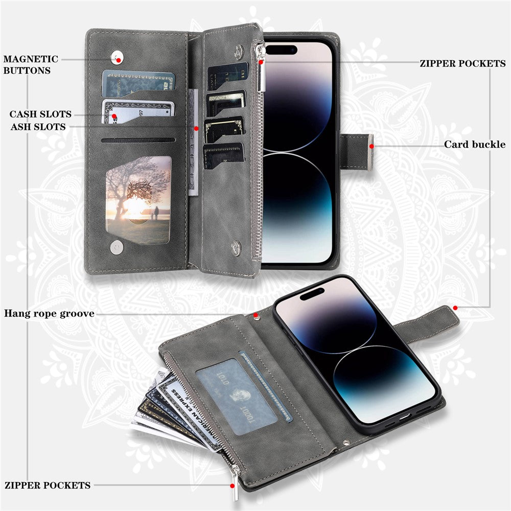 For iPhone 17 Pro Max Wallet Case Mandala Flower Pattern PU Leather Phone Cover with Wrist Strap - Grey