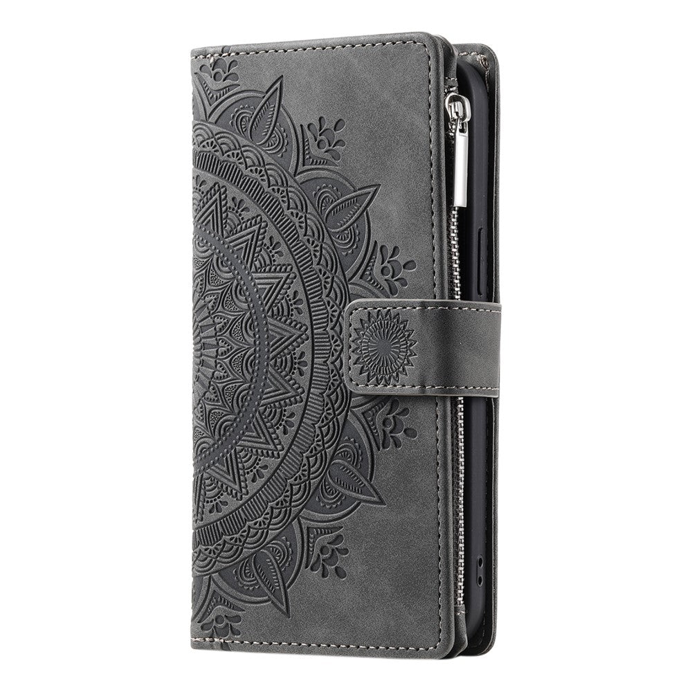For iPhone 17 Pro Max Wallet Case Mandala Flower Pattern PU Leather Phone Cover with Wrist Strap - Grey