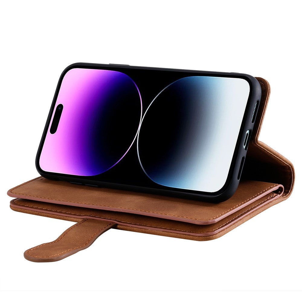 For iPhone 17 Pro Max Case 9 Card Slots Zipper Wallet PU Leather Phone Cover with Wrist Strap - Brown