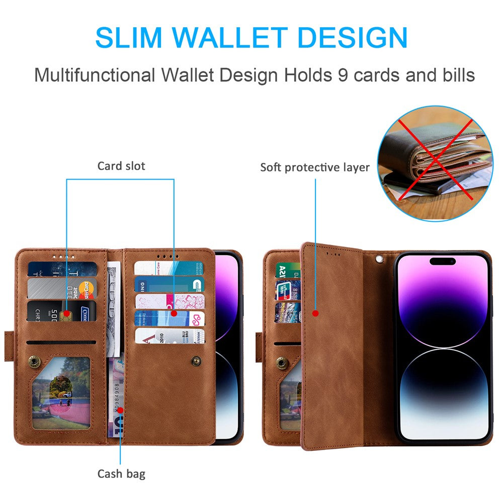 For iPhone 17 Pro Max Case 9 Card Slots Zipper Wallet PU Leather Phone Cover with Wrist Strap - Brown