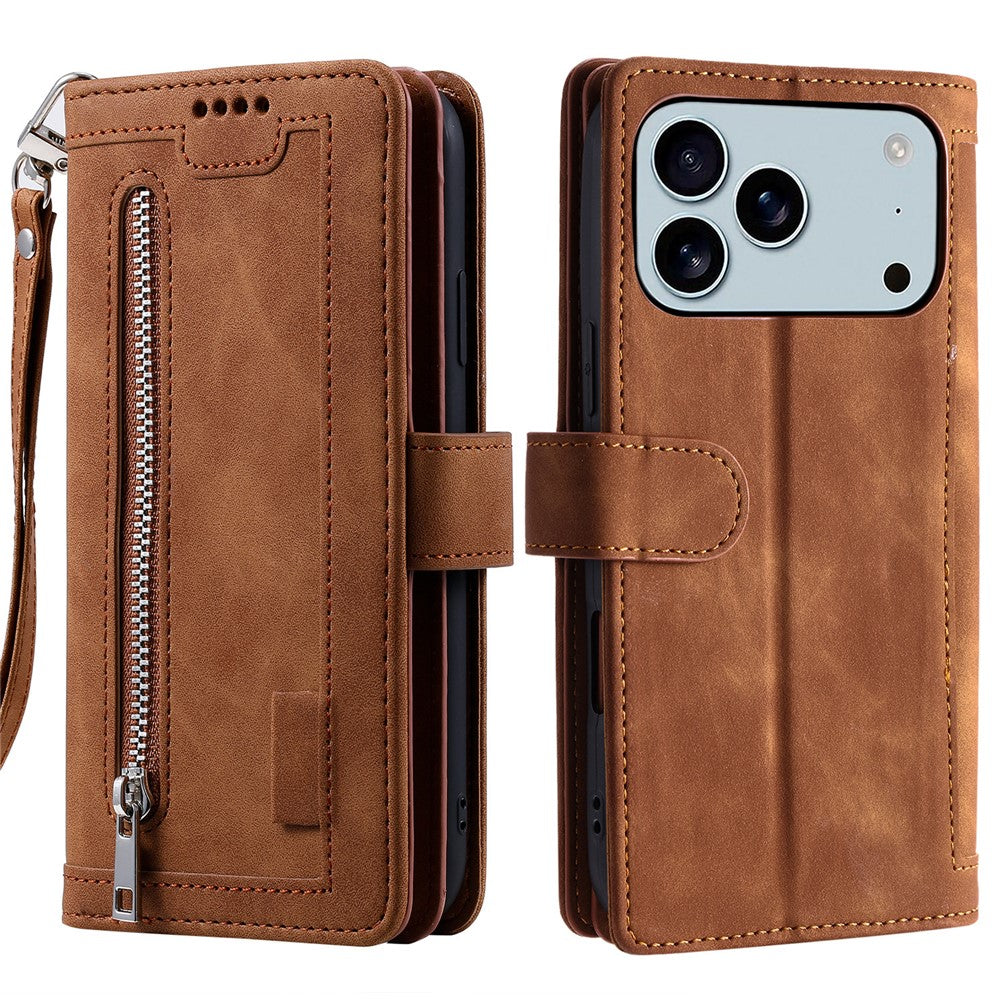 For iPhone 17 Pro Max Case 9 Card Slots Zipper Wallet PU Leather Phone Cover with Wrist Strap - Brown