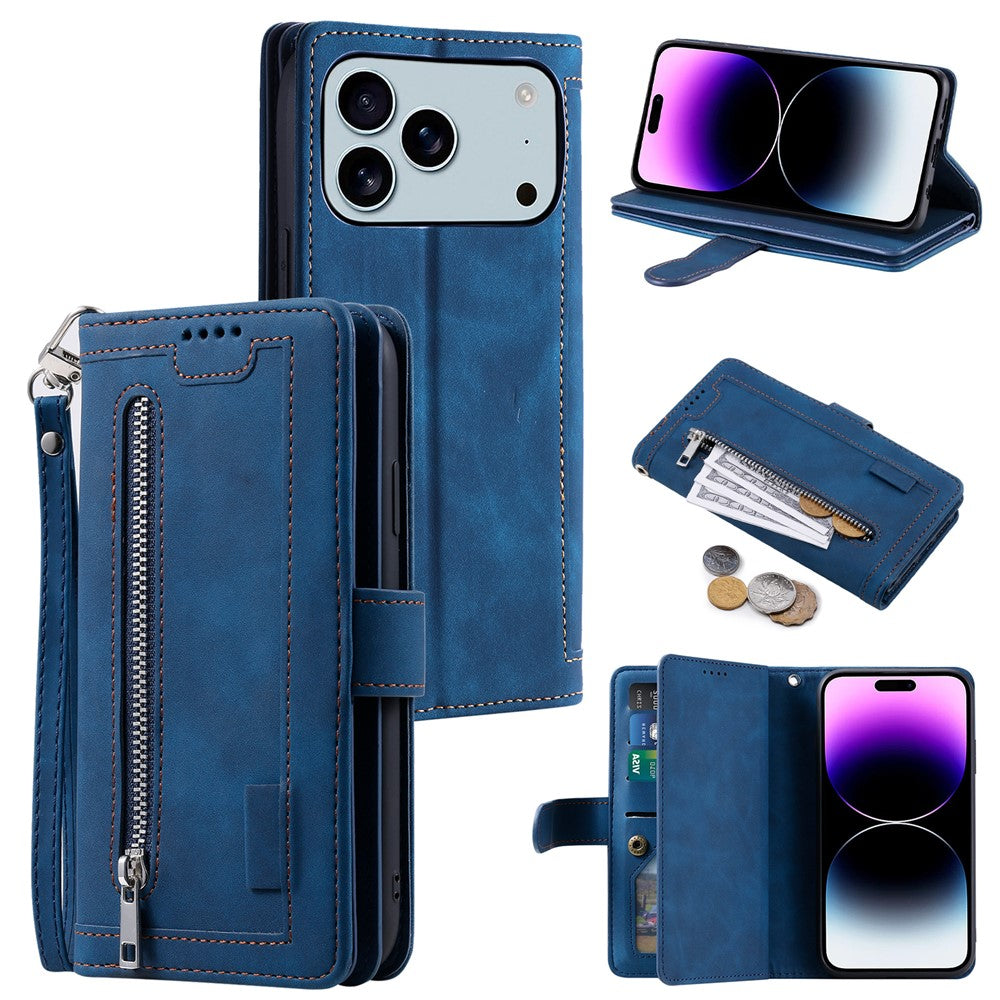 For iPhone 17 Pro Max Case 9 Card Slots Zipper Wallet PU Leather Phone Cover with Wrist Strap - Blue