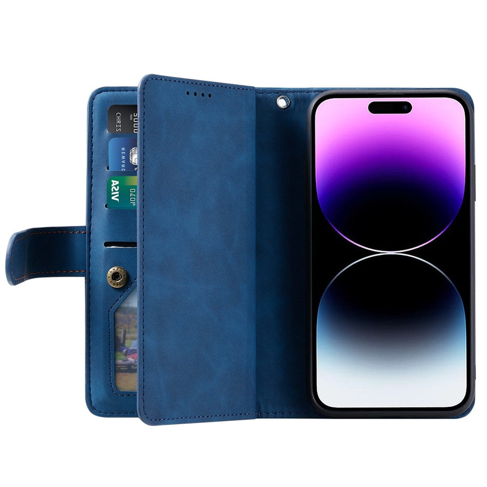 For iPhone 17 Pro Max Case 9 Card Slots Zipper Wallet PU Leather Phone Cover with Wrist Strap - Blue