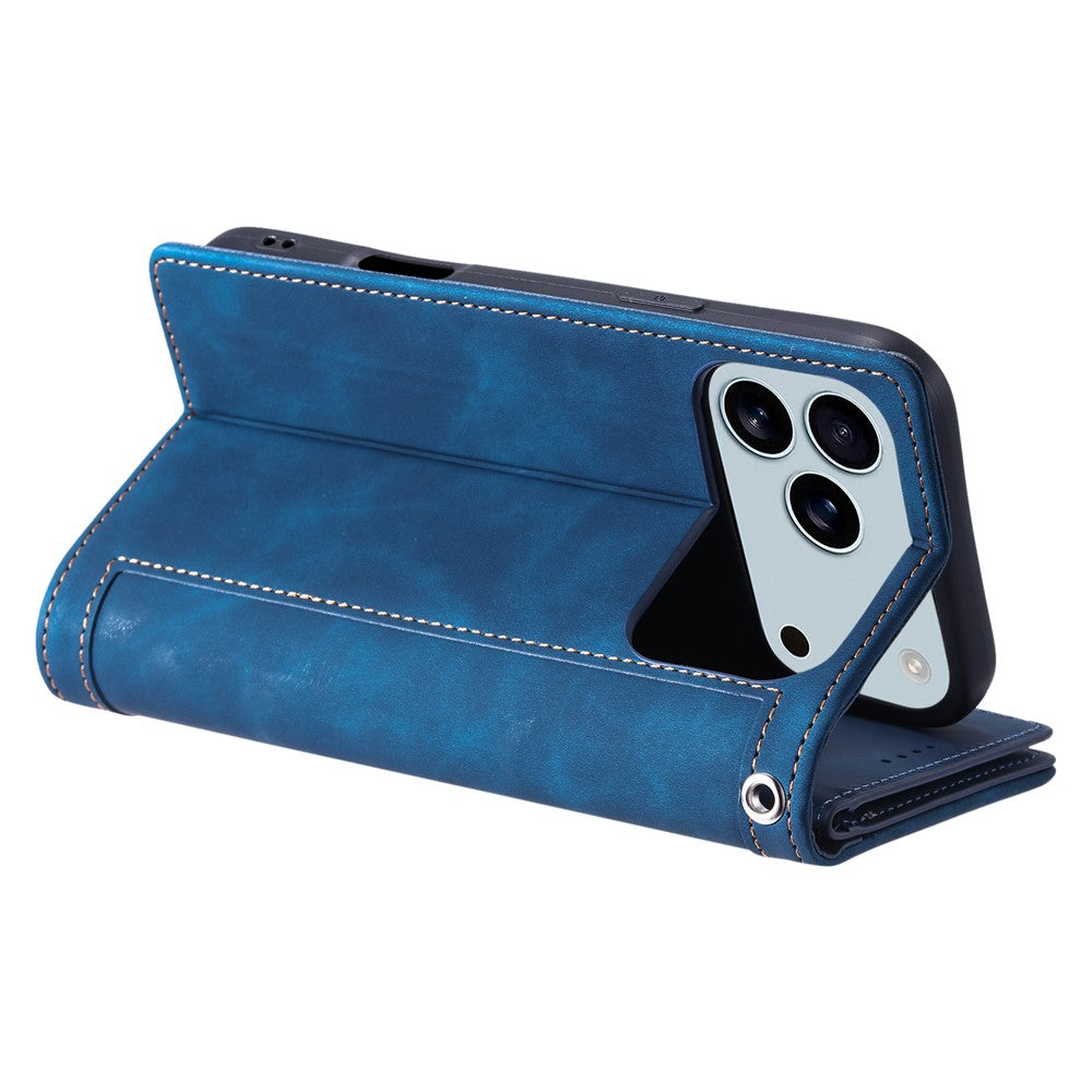 For iPhone 17 Pro Max Case 9 Card Slots Zipper Wallet PU Leather Phone Cover with Wrist Strap - Blue