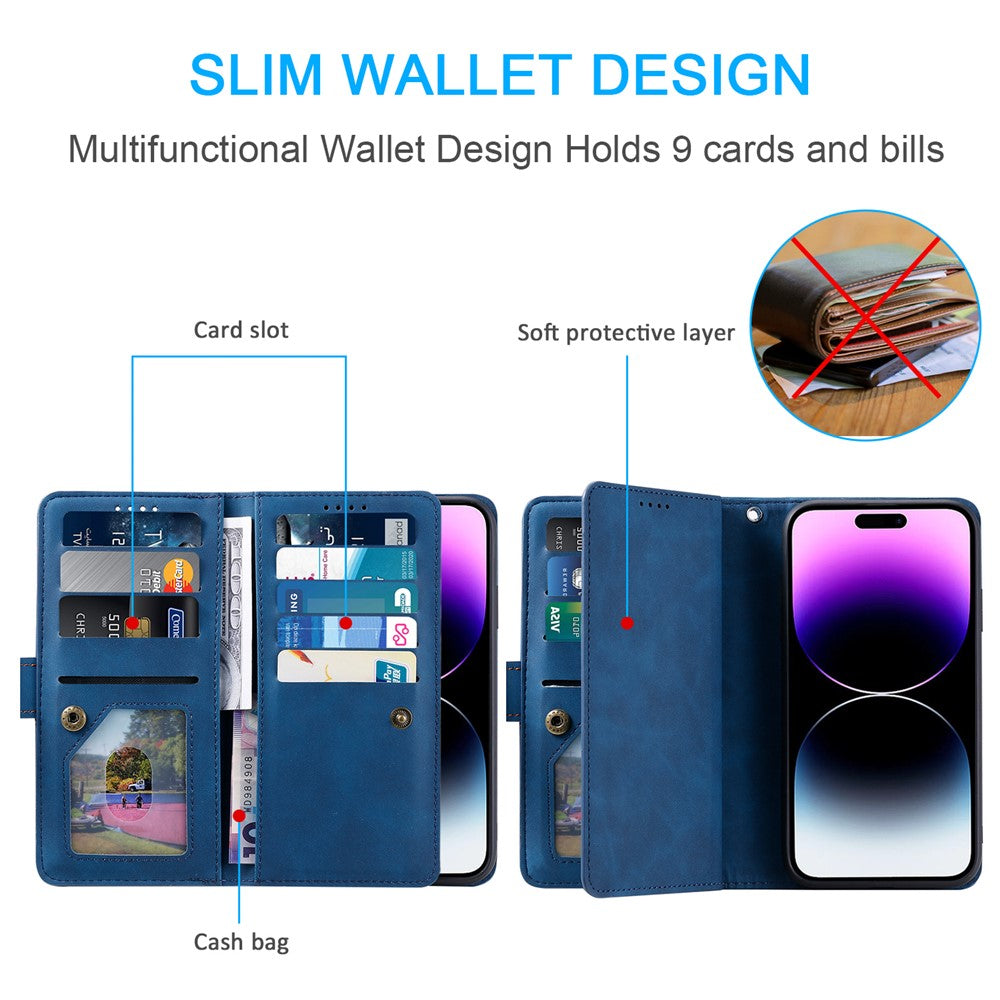 For iPhone 17 Pro Max Case 9 Card Slots Zipper Wallet PU Leather Phone Cover with Wrist Strap - Blue