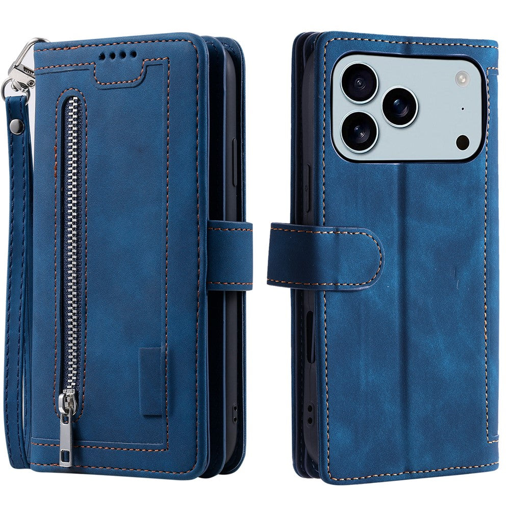 For iPhone 17 Pro Max Case 9 Card Slots Zipper Wallet PU Leather Phone Cover with Wrist Strap - Blue