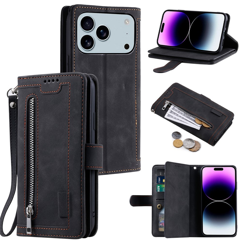 For iPhone 17 Pro Max Case 9 Card Slots Zipper Wallet PU Leather Phone Cover with Wrist Strap - Black