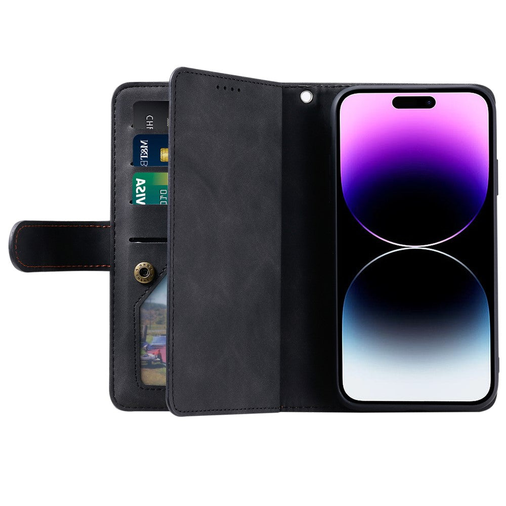 For iPhone 17 Pro Max Case 9 Card Slots Zipper Wallet PU Leather Phone Cover with Wrist Strap - Black