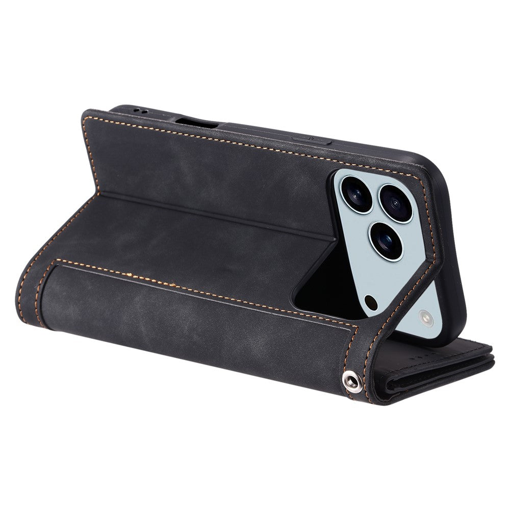 For iPhone 17 Pro Max Case 9 Card Slots Zipper Wallet PU Leather Phone Cover with Wrist Strap - Black