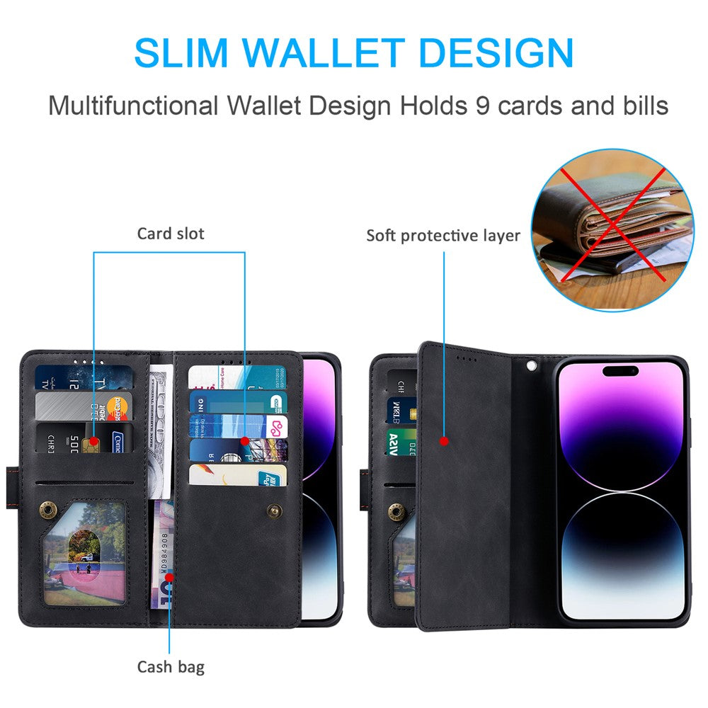 For iPhone 17 Pro Max Case 9 Card Slots Zipper Wallet PU Leather Phone Cover with Wrist Strap - Black