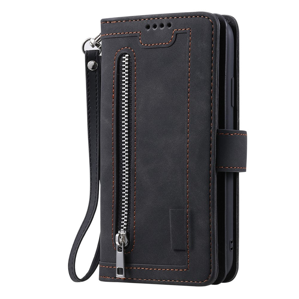 For iPhone 17 Pro Max Case 9 Card Slots Zipper Wallet PU Leather Phone Cover with Wrist Strap - Black