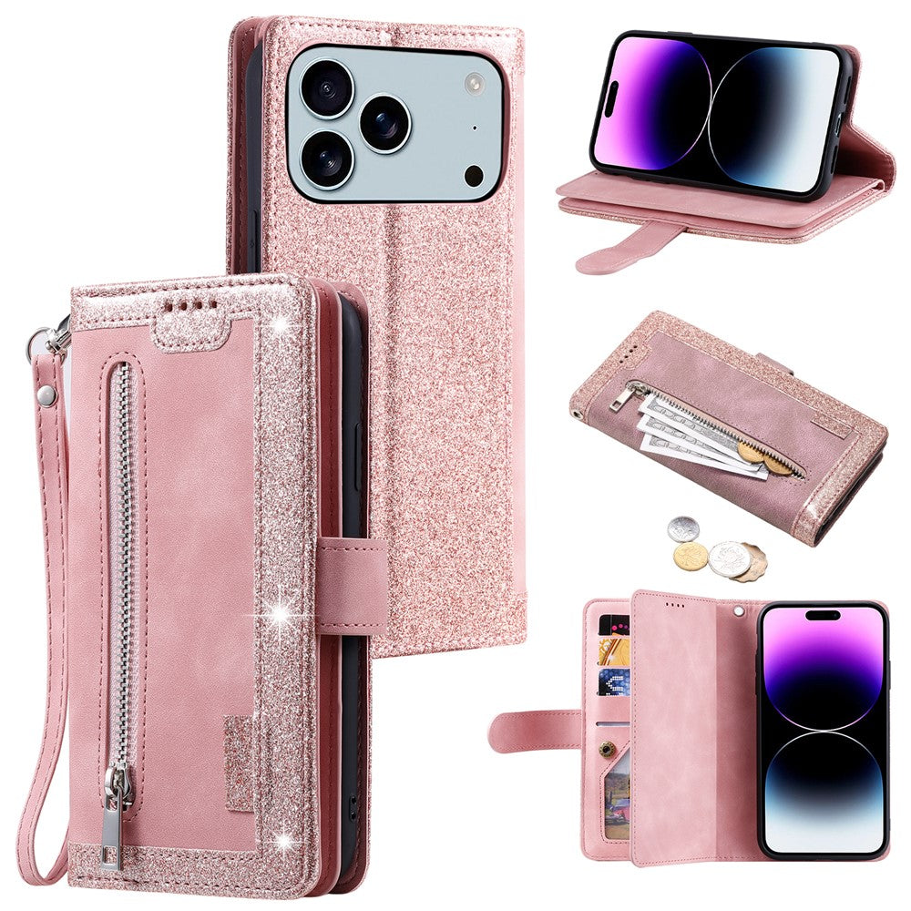 For iPhone 17 Pro Max Case 9 Card Slots Zipper Wallet PU Leather Phone Cover with Wrist Strap - Rose Gold