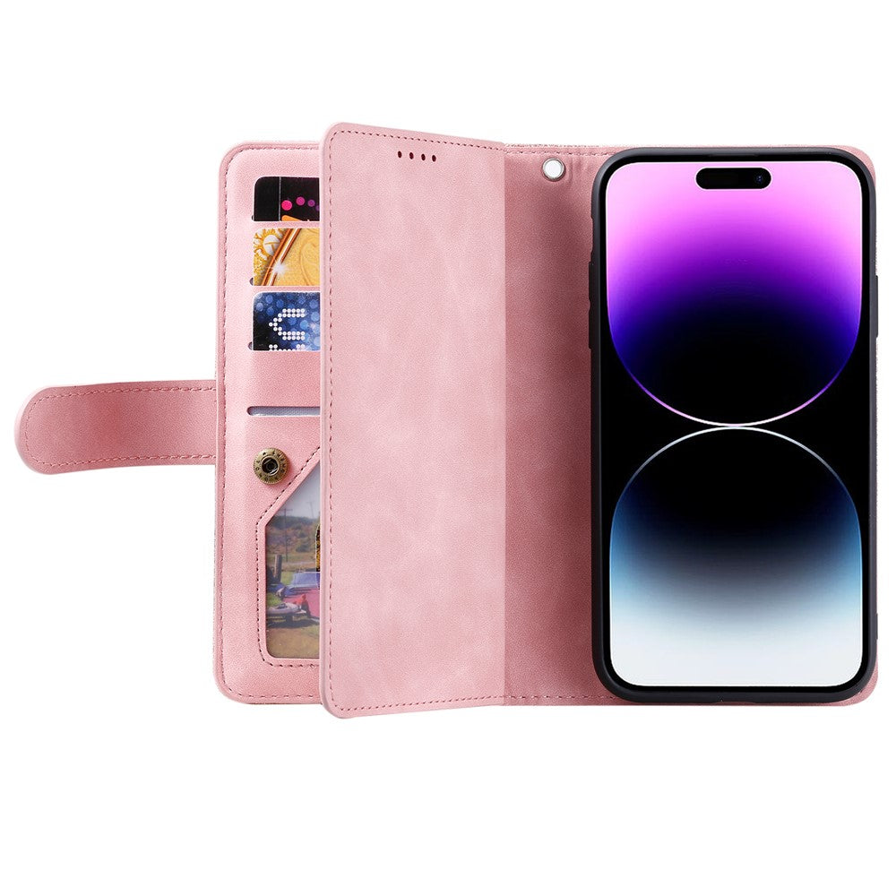 For iPhone 17 Pro Max Case 9 Card Slots Zipper Wallet PU Leather Phone Cover with Wrist Strap - Rose Gold