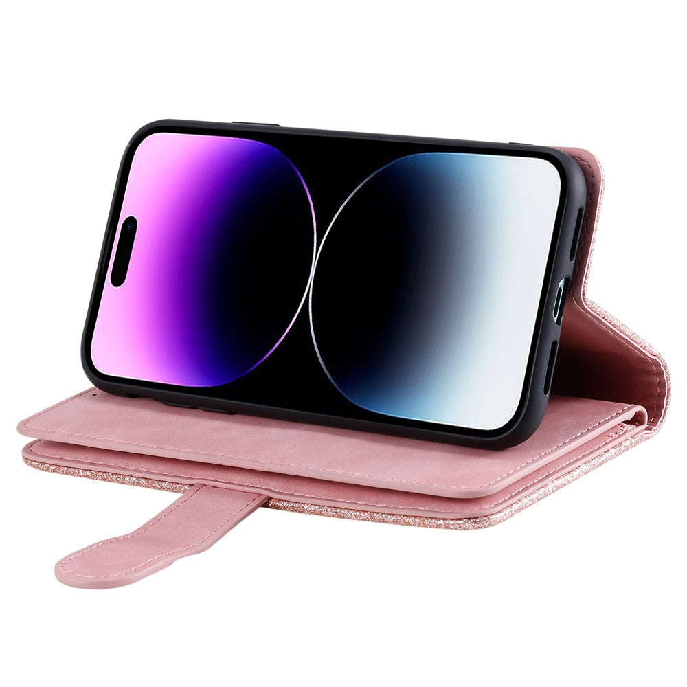For iPhone 17 Pro Max Case 9 Card Slots Zipper Wallet PU Leather Phone Cover with Wrist Strap - Rose Gold