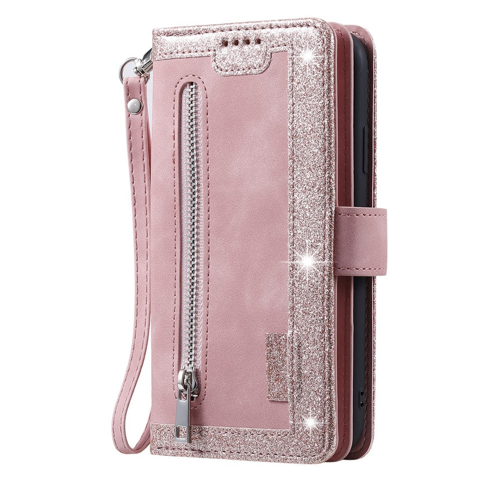 For iPhone 17 Pro Max Case 9 Card Slots Zipper Wallet PU Leather Phone Cover with Wrist Strap - Rose Gold