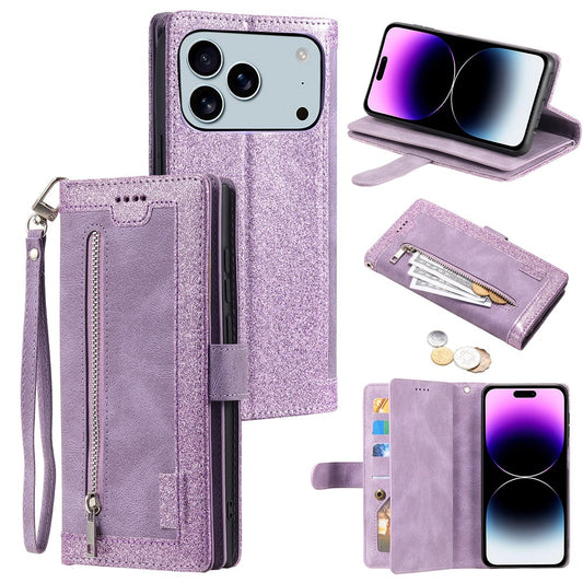 For iPhone 17 Pro Max Case 9 Card Slots Zipper Wallet PU Leather Phone Cover with Wrist Strap - Purple