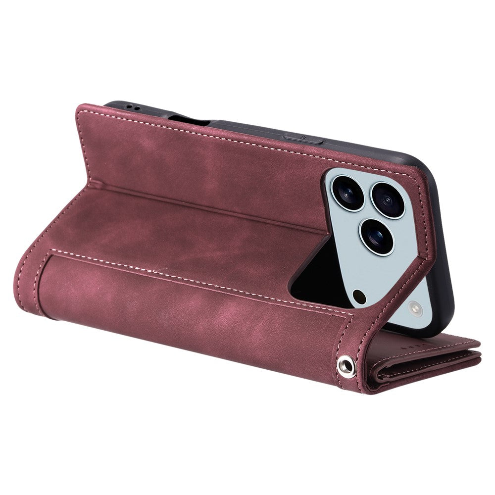 For iPhone 17 Pro Max Case 9 Card Slots Zipper Wallet PU Leather Phone Cover with Wrist Strap - Wine Red