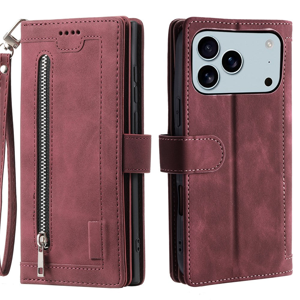 For iPhone 17 Pro Max Case 9 Card Slots Zipper Wallet PU Leather Phone Cover with Wrist Strap - Wine Red