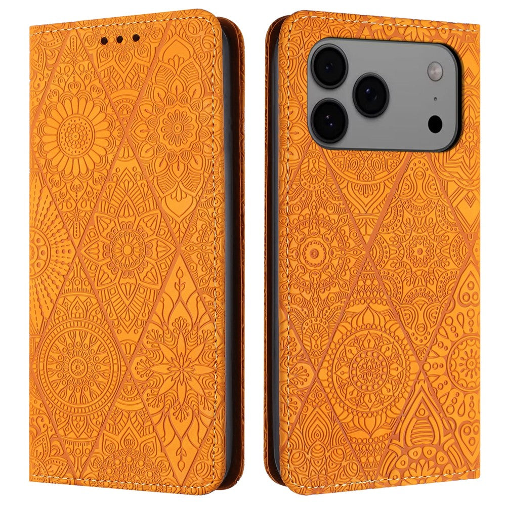 For iPhone 17 Pro Max Case Imprinted Flower Wallet Stand Leather Phone Cover - Yellow