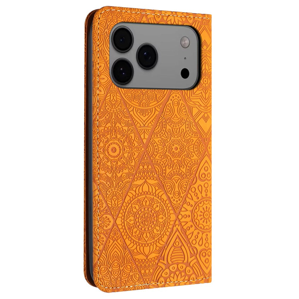 For iPhone 17 Pro Max Case Imprinted Flower Wallet Stand Leather Phone Cover - Yellow