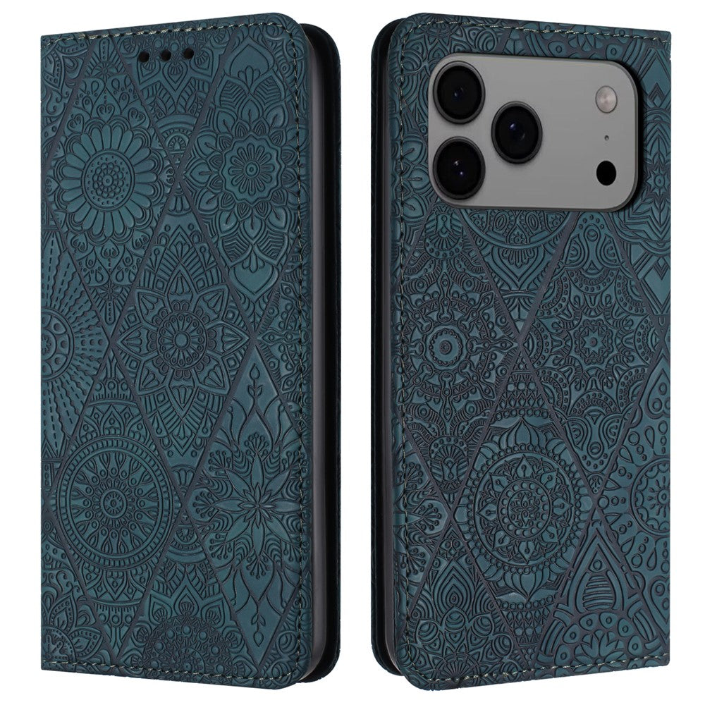 For iPhone 17 Pro Max Case Imprinted Flower Wallet Stand Leather Phone Cover - Blue