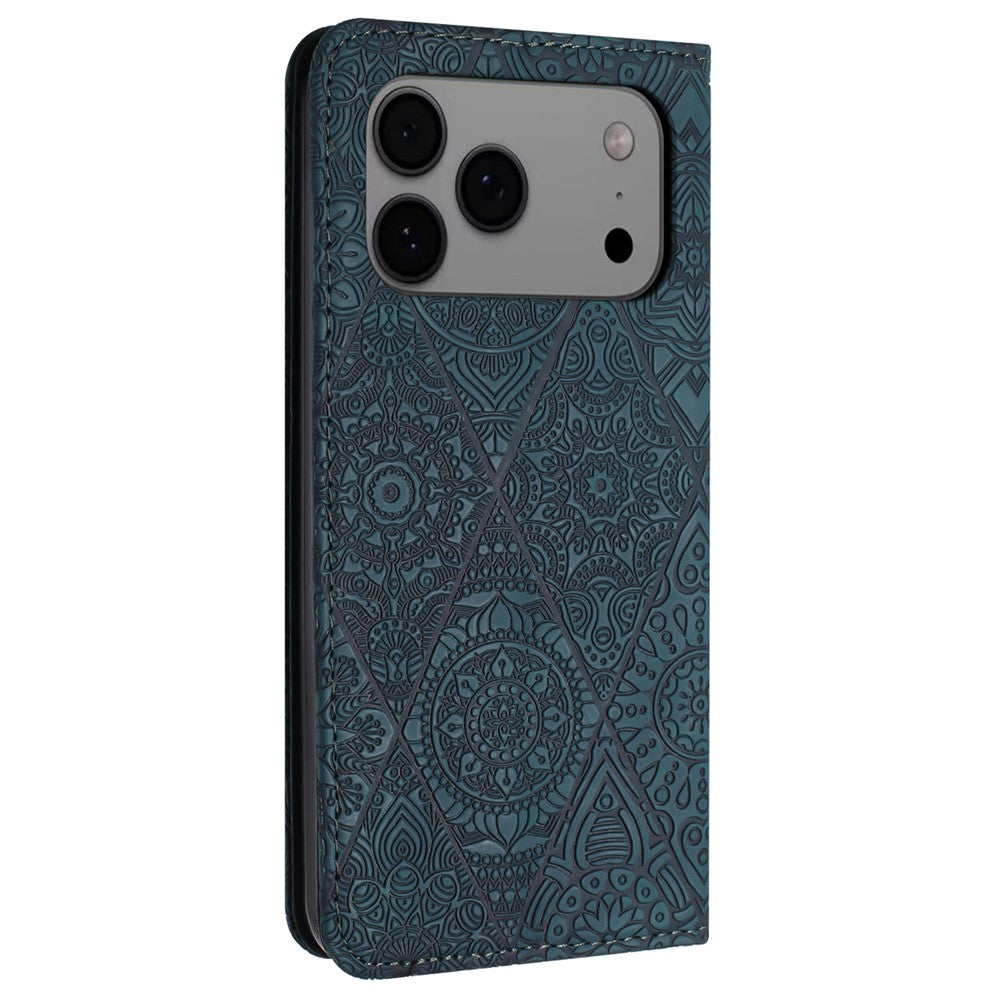 For iPhone 17 Pro Max Case Imprinted Flower Wallet Stand Leather Phone Cover - Blue