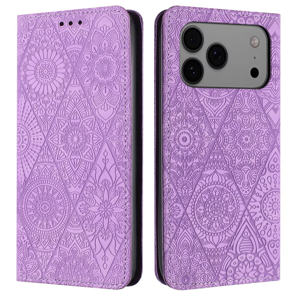 For iPhone 17 Pro Max Case Imprinted Flower Wallet Stand Leather Phone Cover - Purple