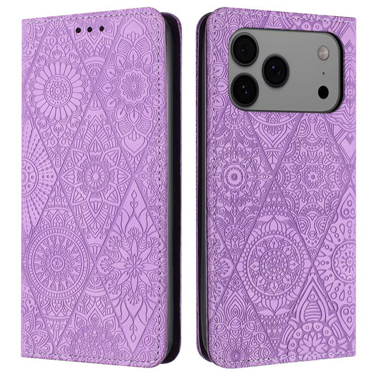 For iPhone 17 Pro Max Case Imprinted Flower Wallet Stand Leather Phone Cover - Purple