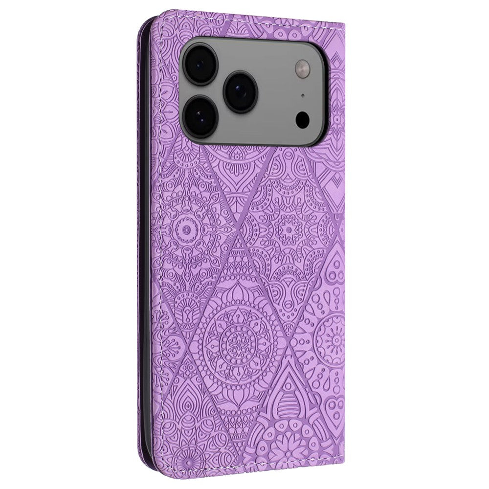 For iPhone 17 Pro Max Case Imprinted Flower Wallet Stand Leather Phone Cover - Purple