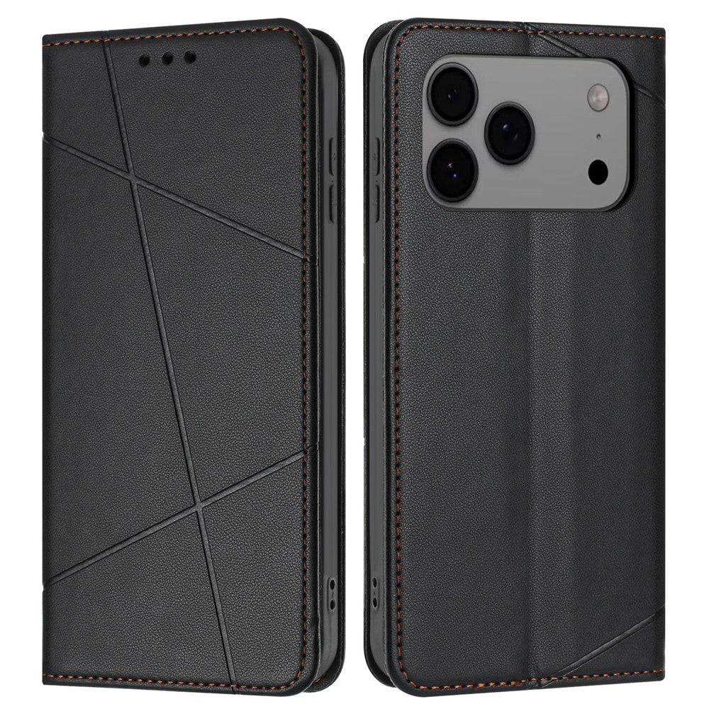 For iPhone 17 Pro Max Wallet Case Line Imprinted Leather Stand Phone Cover with Wrist Strap - Black