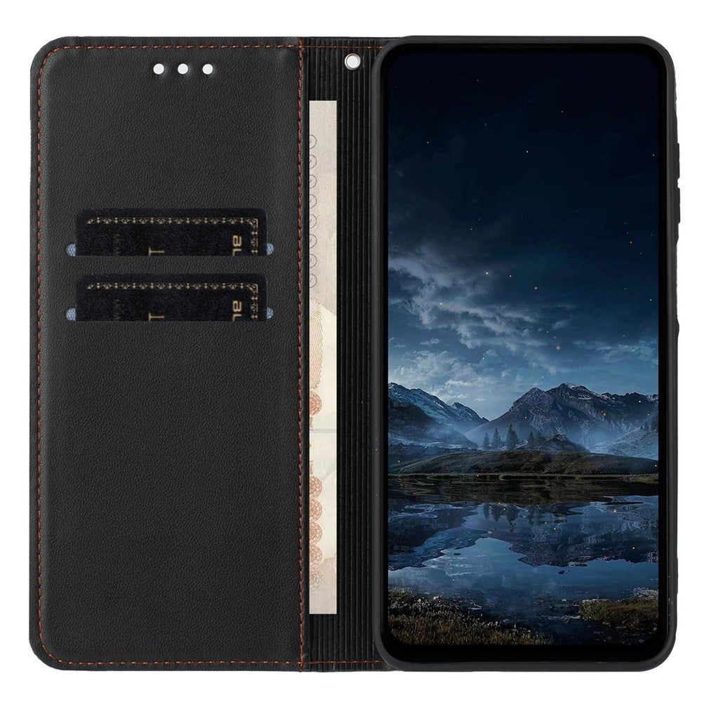 For iPhone 17 Pro Max Wallet Case Line Imprinted Leather Stand Phone Cover with Wrist Strap - Black