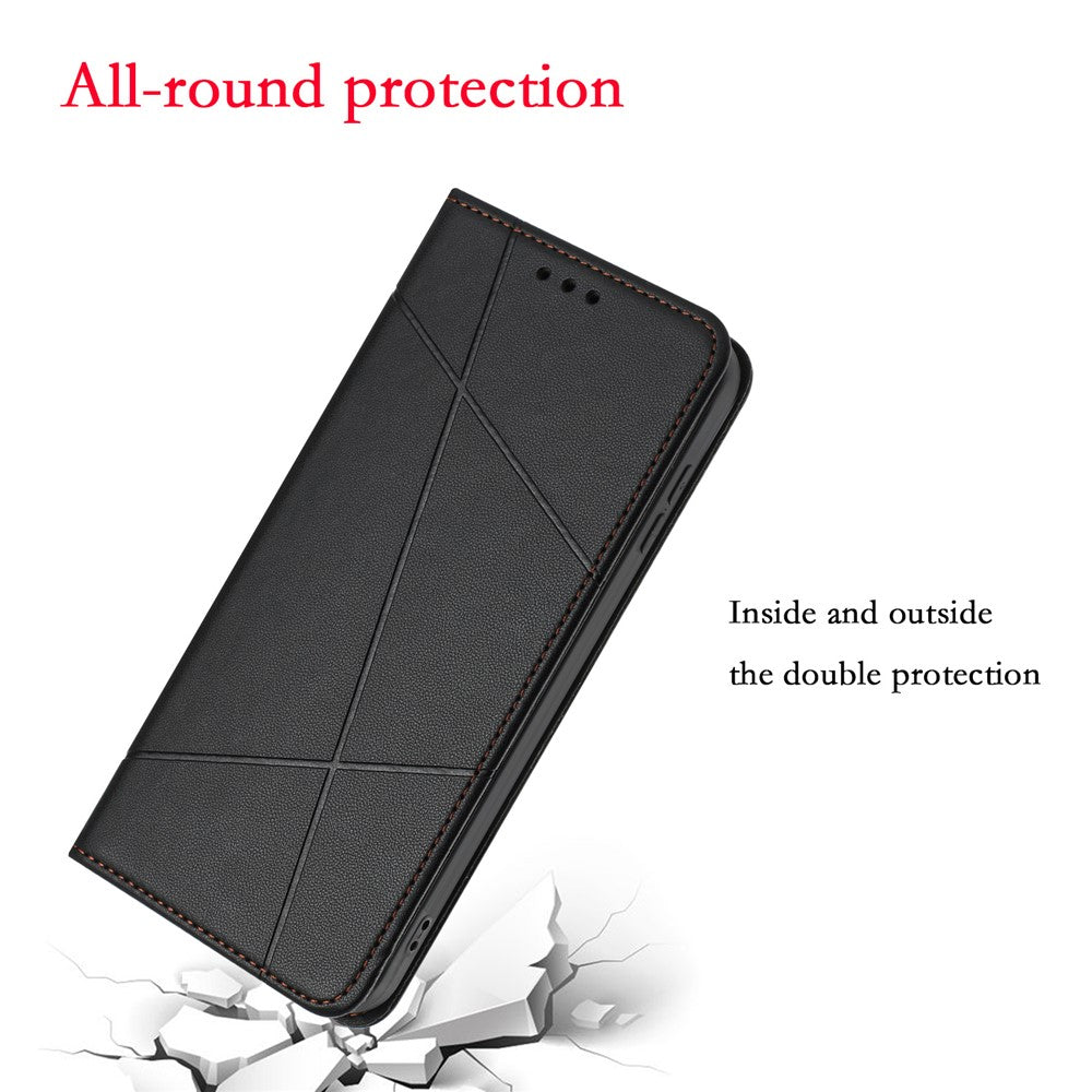 For iPhone 17 Pro Max Wallet Case Line Imprinted Leather Stand Phone Cover with Wrist Strap - Black
