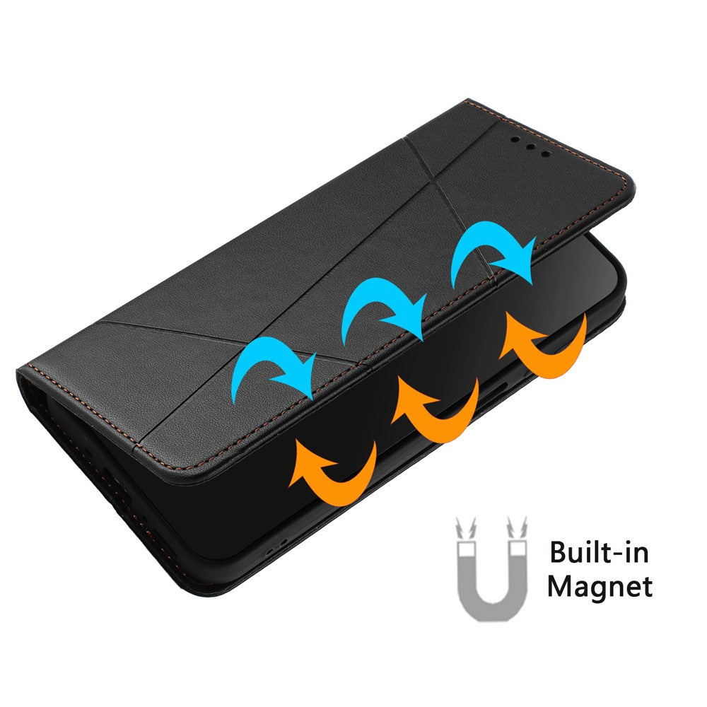 For iPhone 17 Pro Max Wallet Case Line Imprinted Leather Stand Phone Cover with Wrist Strap - Black