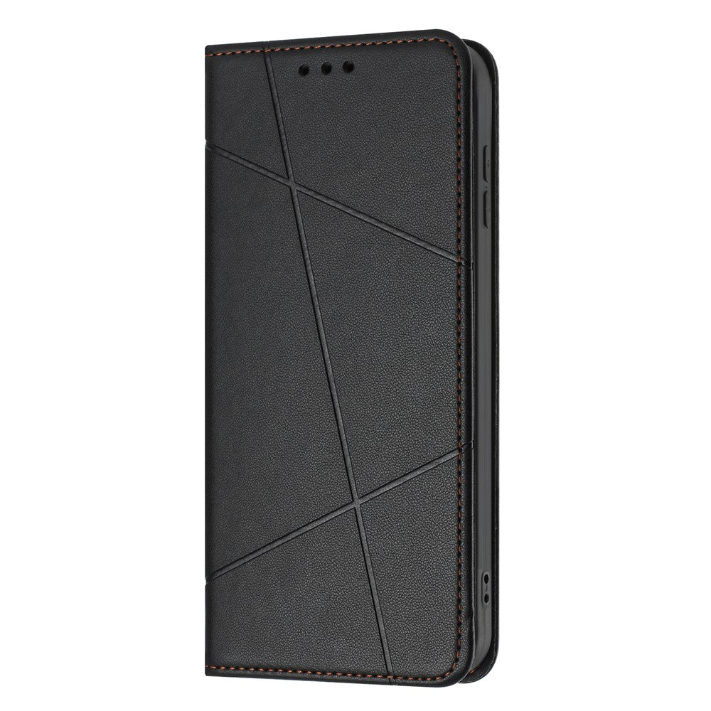 For iPhone 17 Pro Max Wallet Case Line Imprinted Leather Stand Phone Cover with Wrist Strap - Black