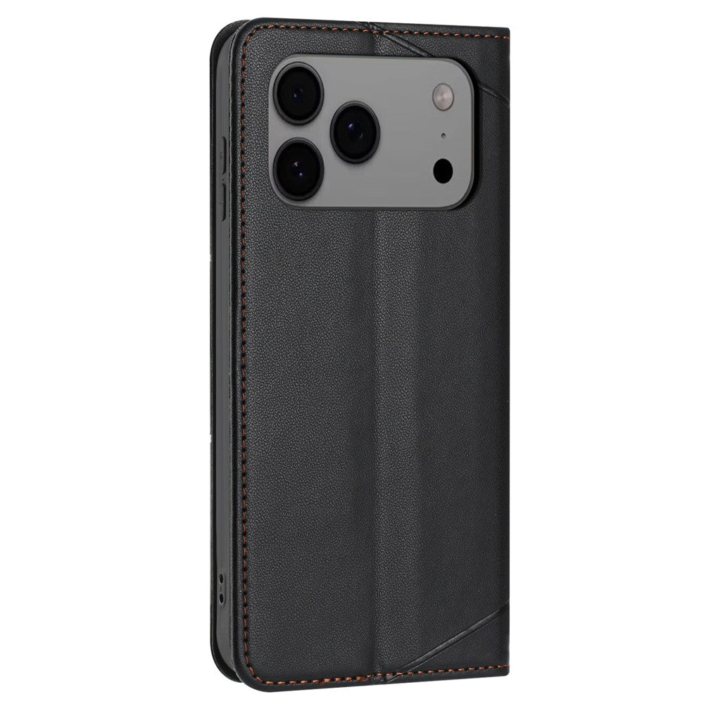 For iPhone 17 Pro Max Wallet Case Line Imprinted Leather Stand Phone Cover with Wrist Strap - Black