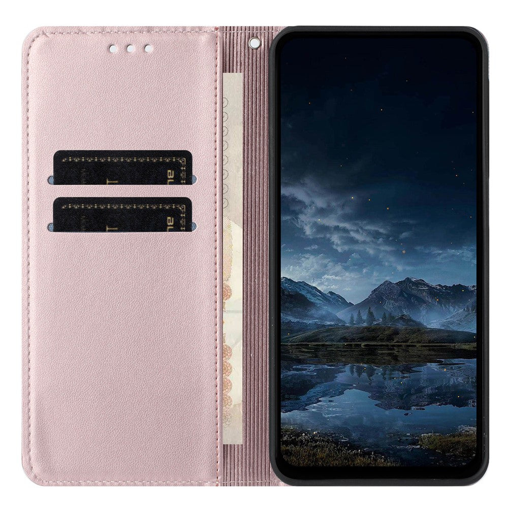 For iPhone 17 Pro Max Wallet Case Line Imprinted Leather Stand Phone Cover with Wrist Strap - Rose Gold