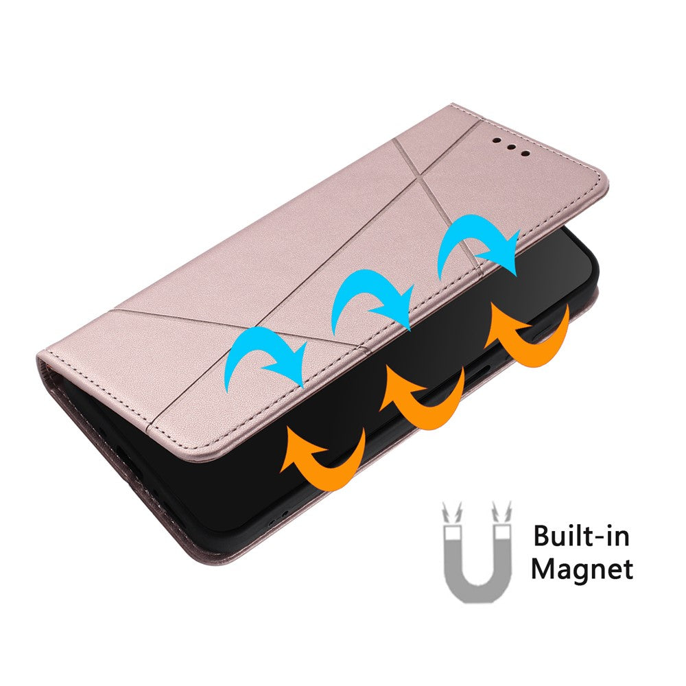 For iPhone 17 Pro Max Wallet Case Line Imprinted Leather Stand Phone Cover with Wrist Strap - Rose Gold